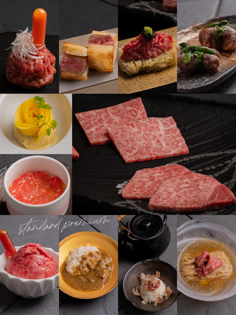 和牛ユッケ ユッケとキャビア　おこげ ひとくち牛タン餃子 厳選赤身 サーロイン 季節の茶碗蒸し 赤身肉のサンド 選べる〆のご飯 ・ユッケと卵かけご飯 ・出汁茶漬け ・和牛カレー ・冷麺 季節のデザート