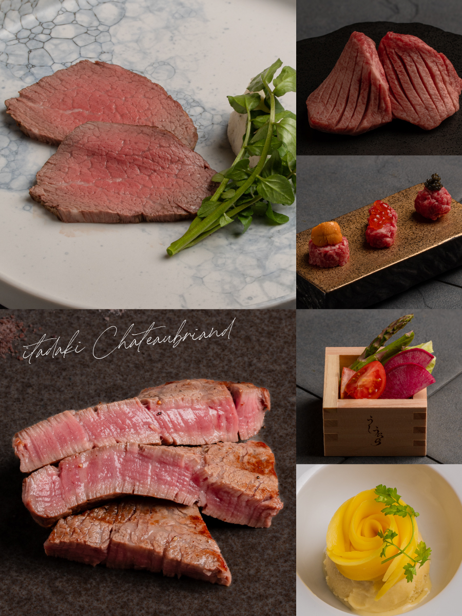ユッケ三種(雲丹・イクラ・キャビア) シャトーブリアンのローストビーフ 厚切りうらら舌 季節の枡野菜 厚切りシャトーブリアン 炊きたての白米 味噌スープ 黒麹とマンゴーのアイス