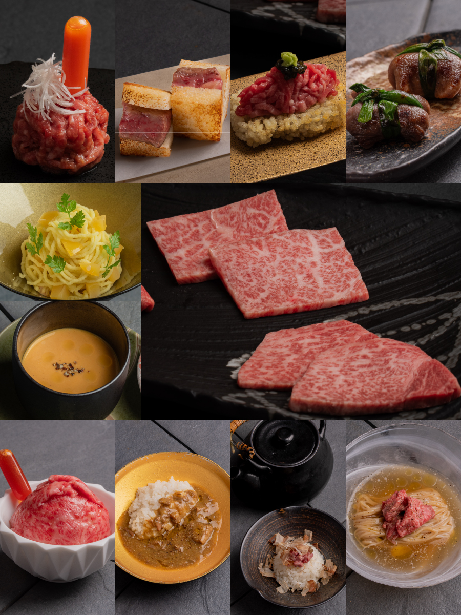 和牛ユッケ ユッケとキャビア　おこげ ひとくち牛タン餃子 厳選赤身 サーロイン 季節の茶碗蒸し 赤身肉のサンド 選べる〆のご飯 ・ユッケと卵かけご飯 ・出汁茶漬け ・和牛カレー ・冷麺 季節のデザート