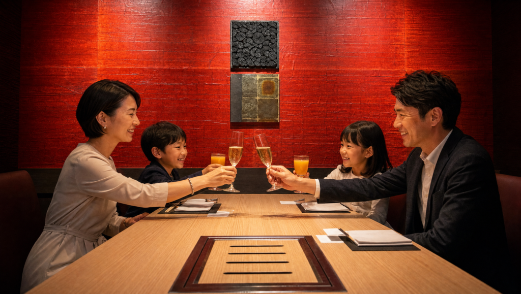 横浜うしうららの個室で家族が乾杯している